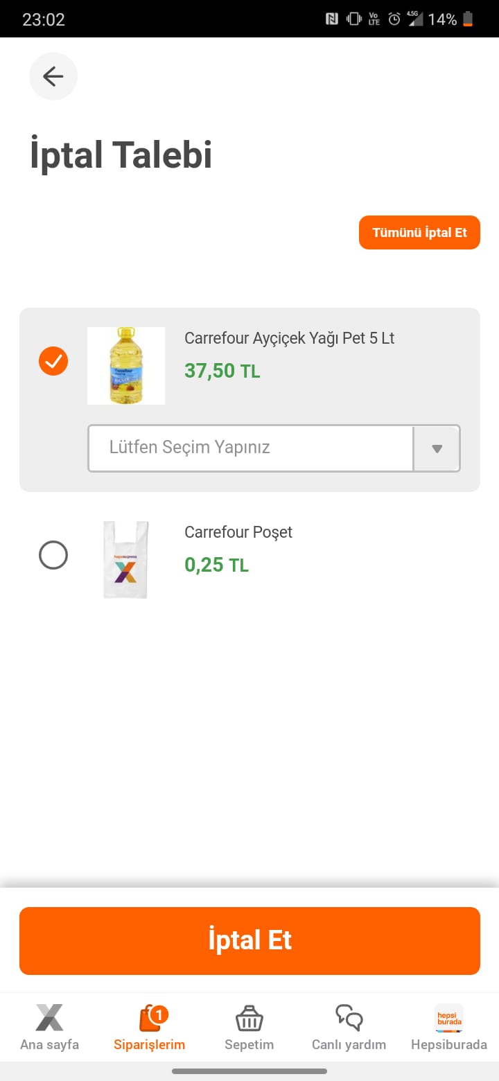 Hepsiexpress Sipariş İptal Talebi